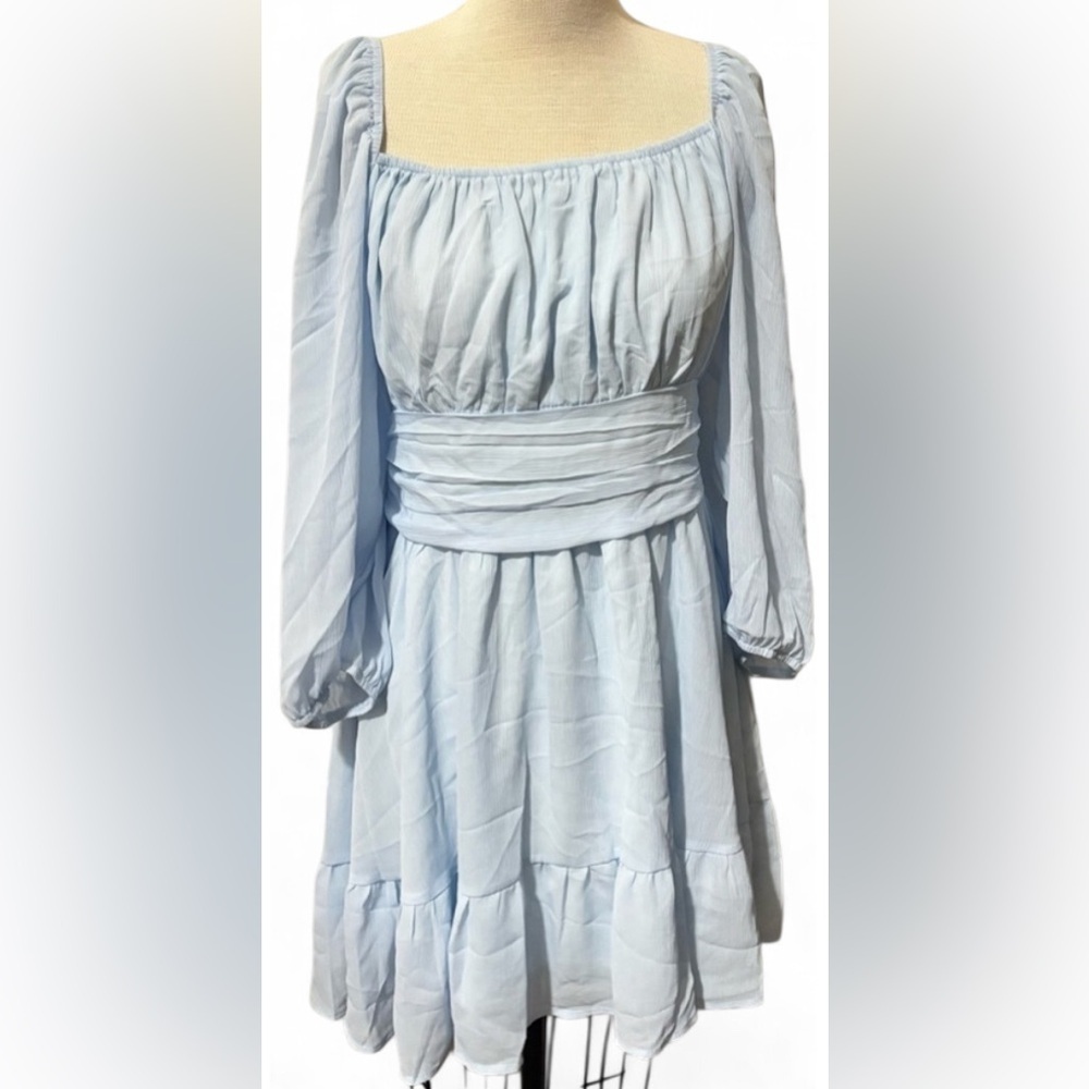 Exlura Dress Womens Midi Blue Chiffon Open Tie Back Ruffle Hem Long Sleeve NWT